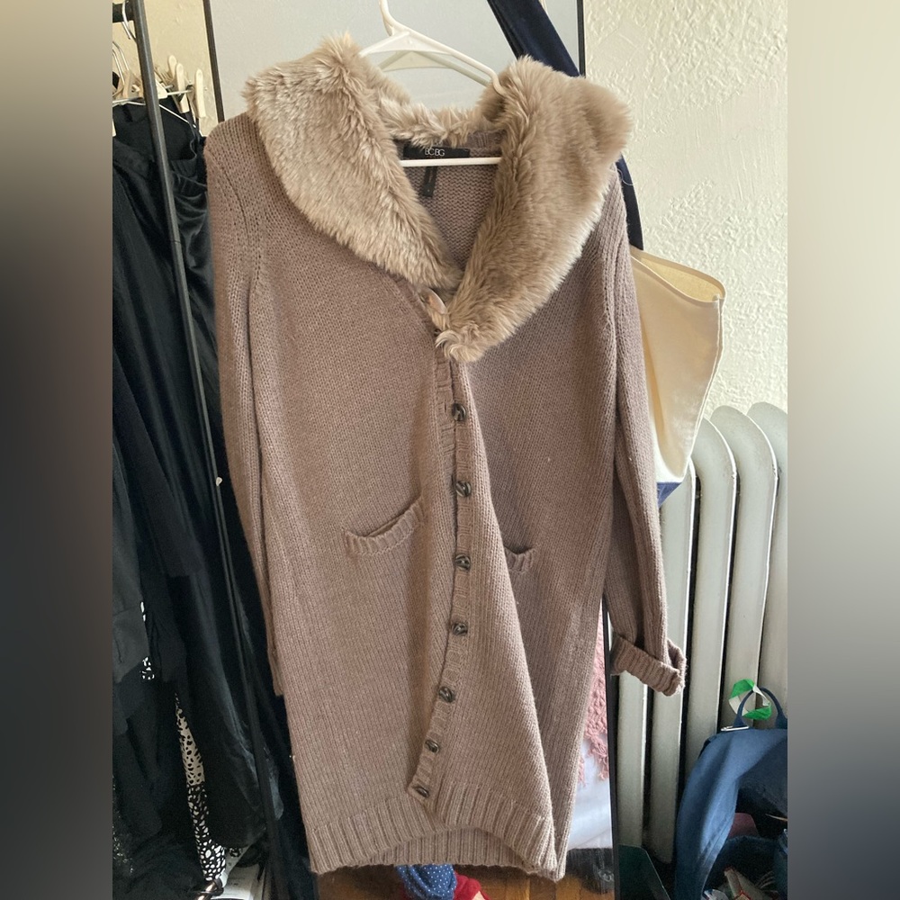 BCBG cardigan with detachable raccoon fur